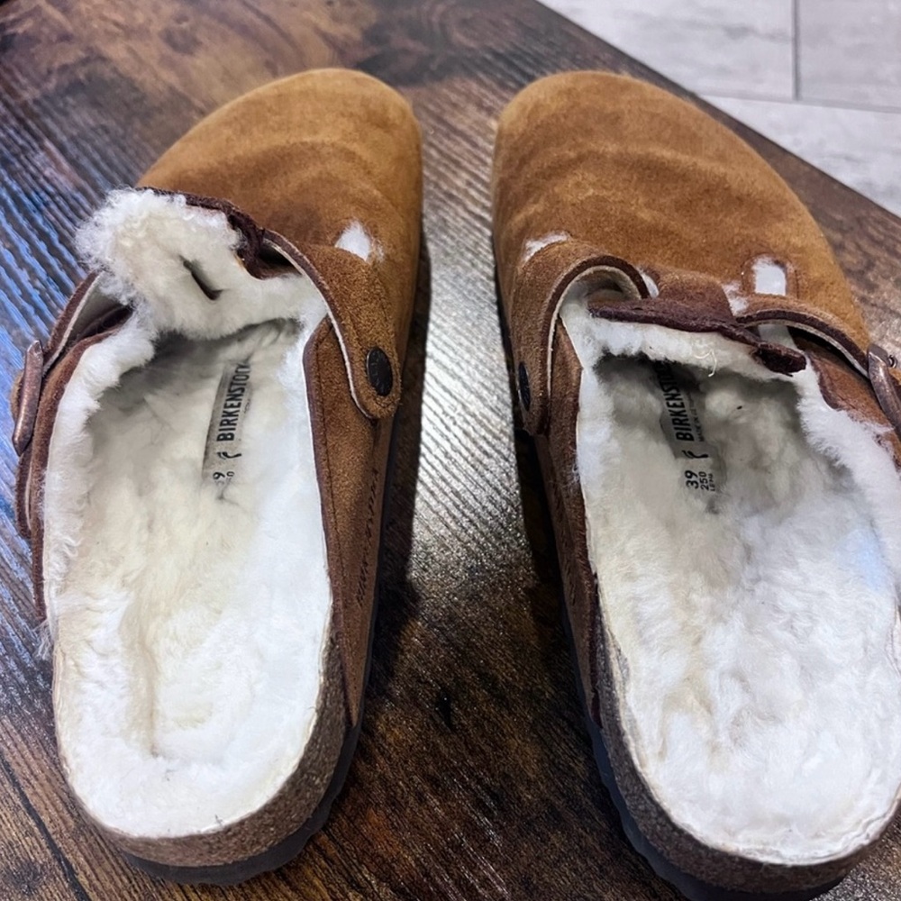 Birkenstock NEW Tan/Brown Suede Shearling Bosten Clogs sz 39 Sz 7.5 Women’s - Picture 3 of 16